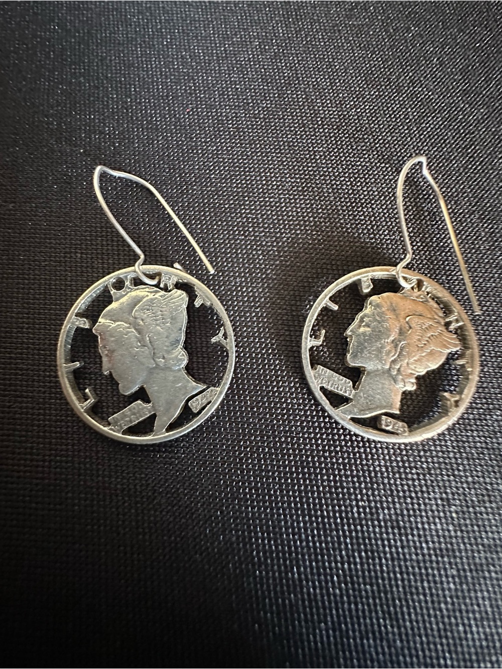 Vintage 925 Sterling Silver Mercury Dime Hand Cut Coin Hooks  pierced Earrings